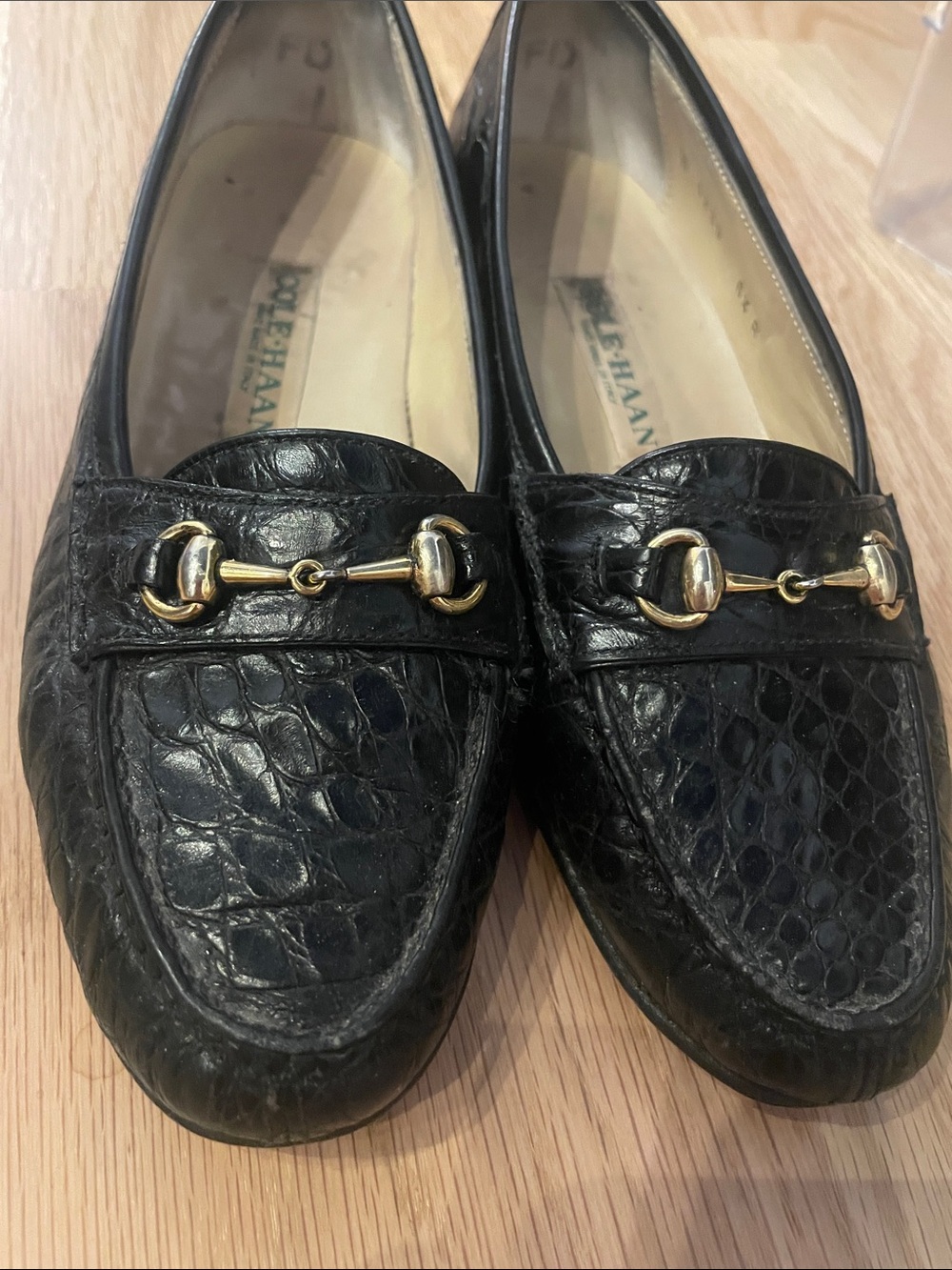 Cole Haan Black Croc-Embossed Leather Loafers with Gold Bit